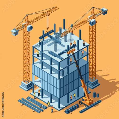 Isometric illustration of a building construction site with cranes and workers.