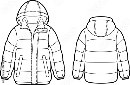 Men quilted hooded winter jacket technical fashion flat front and back padded outerwear vector illustration