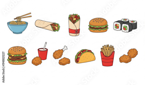 Hand drawn street food doodle vector bundle with noodles sushi kebab burger taco