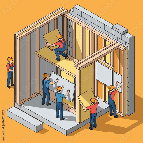 Isometric illustration of construction workers installing insulation and drywall in a building.