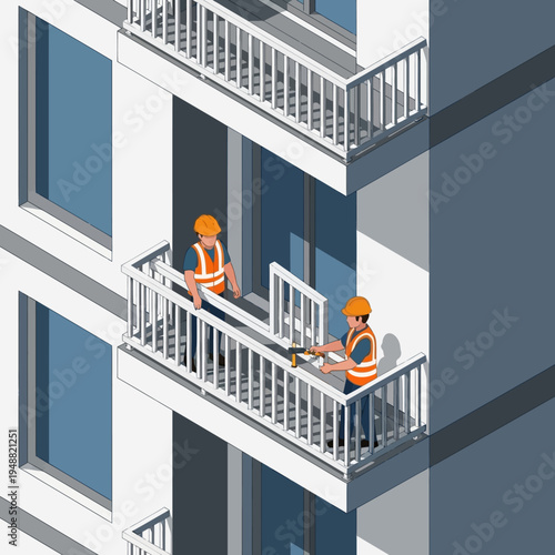 Two construction workers are repairing a balcony on a modern high-rise building.