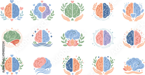 Human Brain and Mental Health Icon Set with Lotus Flowers, Caring Hands, and Heart Symbols for Wellness, Psychology, Mindfulness, and Emotional Balance Designs
