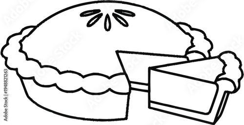 Black line drawing of a whole pie with one slice removed and a second slice on transparent background