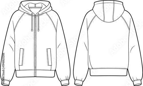 Men raglan sleeve zip hoodie technical fashion sketch front and back view vector clothing design
