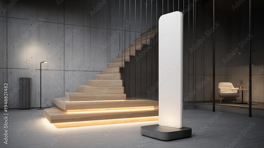 Fototapeta premium Modern minimalist indoor staircase with warm lighting and a sleek free-standing light fixture in a contemporary design space