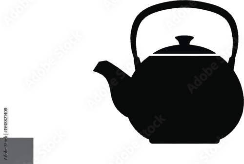 Black silhouette of a traditional teapot with handle and lid on transparent background