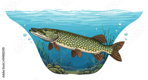 Northern Pike Fish Swimming Underwater in Clear Water with Aquatic Plants and Rocks