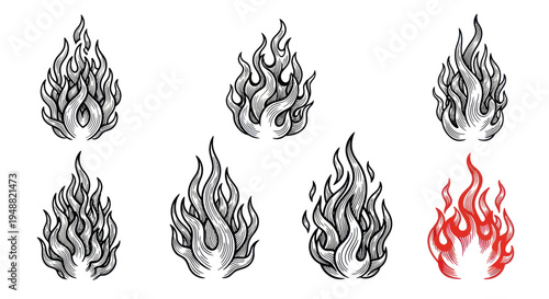 Set of Hand-Drawn Fire Flames Illustrations, Vintage Style