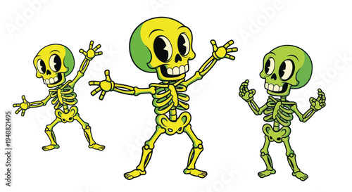 Three cartoon skeletons dancing and having fun, retro style