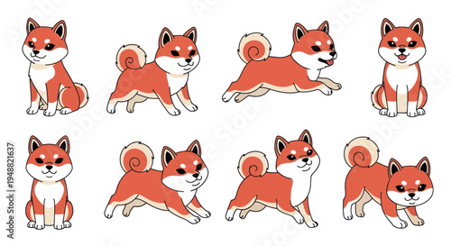 Cute Shiba Inu Dog Poses Collection - Japanese Breed Cartoon Characters