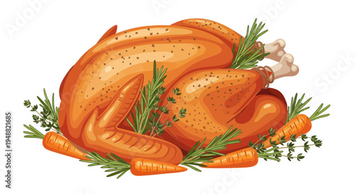 Golden Roasted Turkey with Carrots and Herbs, Festive Food Illustration