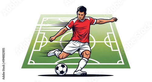 Soccer Player Kicking Ball on Field.