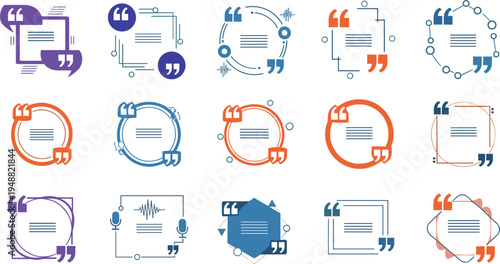 Modern Quote Frame and Testimonial Speech Bubble Set with Decorative Quotation Mark Shapes for Review Feedback and Social Media Design