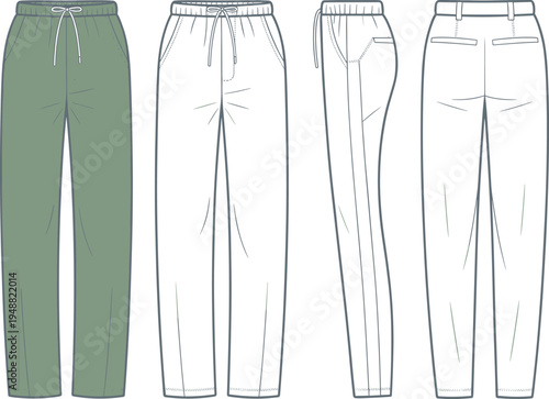 Men’s casual jogger pants technical fashion flat sketch set, front side and back views with drawstring waistband, pocket details – vector illustration