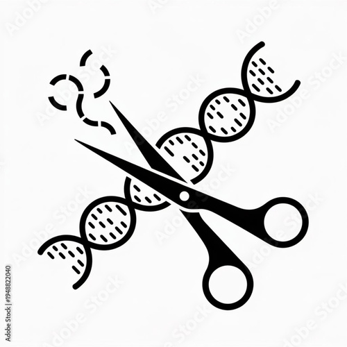 CRISPR Gene Editing Technology Cutting DNA Black and White Illustration — Modern Biotechnology Vector Concept