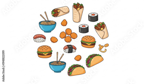 Street food doodle icon collection with sushi noodles kebab burger taco vector