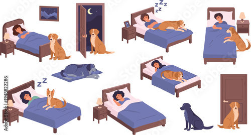 People Sleeping with Pet Dogs at Night Cozy Bedroom Scene Collection Showing Dogs Guarding Door and Resting with Owners Illustration Set