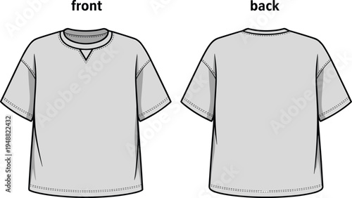 Men’s short sleeve t-shirt technical fashion flat sketch, front and back views with notch neckline detail casual apparel template – vector illustration
