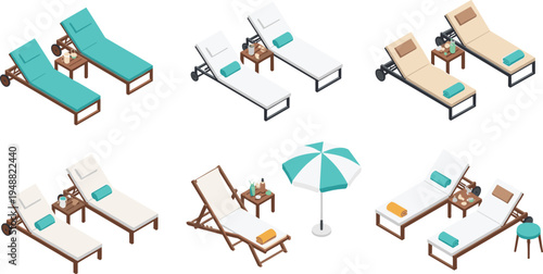 Poolside Sun Lounger and Beach Relaxation Furniture Set with Deck Chairs Umbrella Towels and Side Tables Outdoor Resort Illustration
