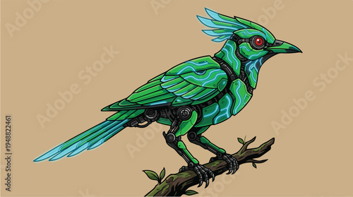 Green Bird Perched on Branch 1.