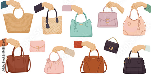 Women Hands Holding Stylish Handbags Collection with Fashion Tote Bags Clutch Purses and Designer Accessories for Shopping Illustration Set