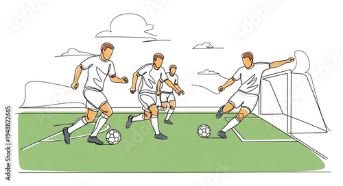 Soccer players in action during a game on a green field with a goal.