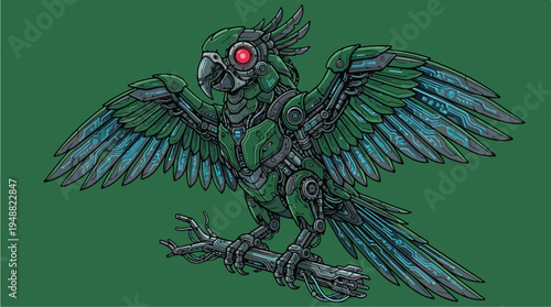 Robotic Parrot on Branch Closeup.