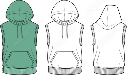 Sleeveless hoodie sweatshirt technical fashion flat with kangaroo pocket and drawstring hood front and back streetwear apparel design vector illustration