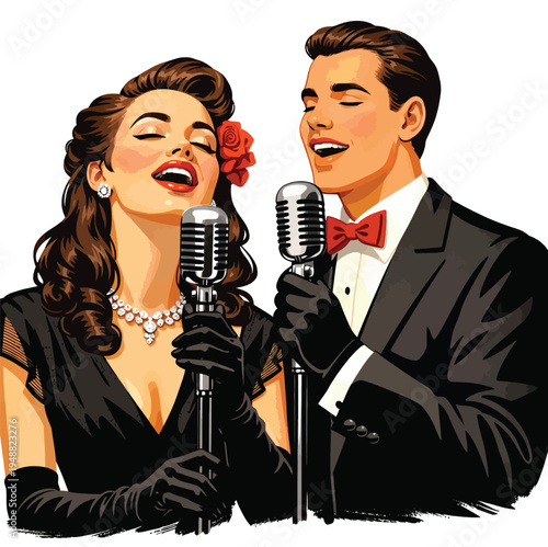 073-28-Elegant retro couple performing a romantic music duet with vintage microphones