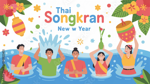 People celebrating thai songkran new year with water splashing and flowers