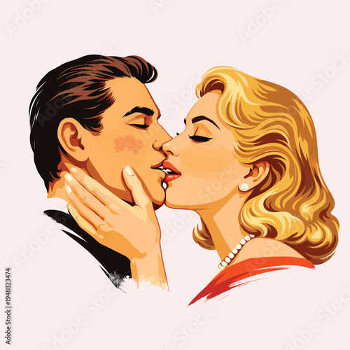 073-31-Couple sharing a romantic kiss in a pop art retro illustration style