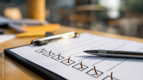 Close up of a silver pen lying on a clipboard with many checked boxes on white paper, symbolizing successful completion of tasks, survey results, and organized business workflow management.