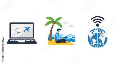 Digital Nomad Remote Work Lifestyle Icon Set