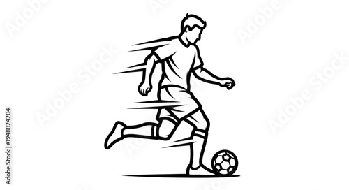 Soccer Player Kicking Ball Dynamic Motion Line Art.