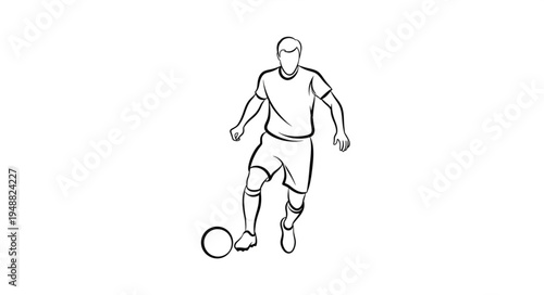 Sketch of a soccer player dribbling a ball on a white background.
