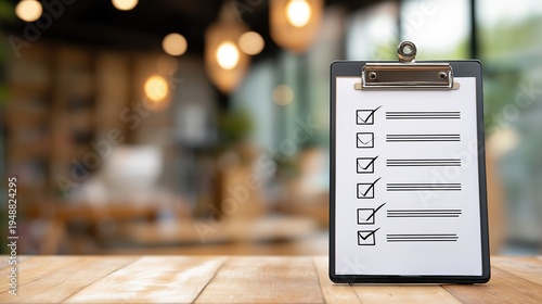 Clipboard with a completed checklist standing on a wooden table in a blurred cafe background, representing remote work flexibility and successful lifestyle business management.