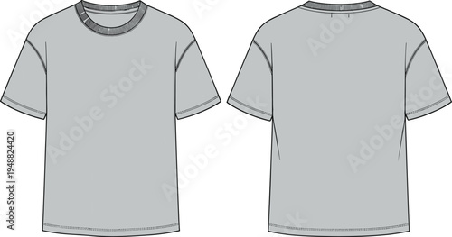 Basic t shirt front and back view outline, cad drawing flat vector illustration, casual apparel technical fashion template