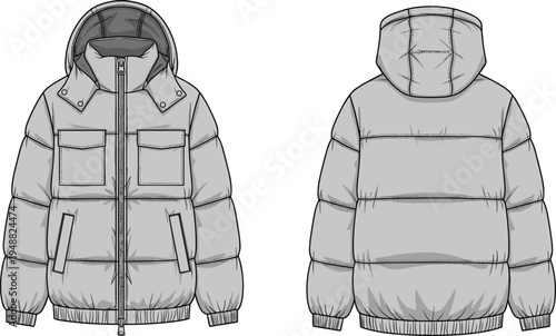 Technical CAD drawing hooded puffer jacket, front back view winter coat fashion template apparel design vector flat illustration clothing mockup
