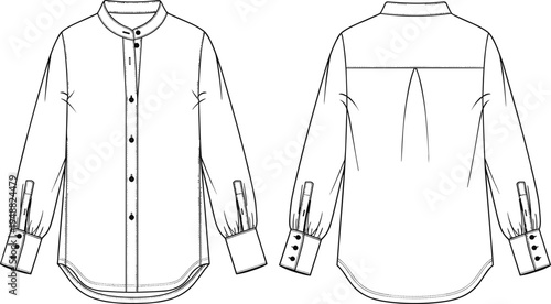 Technical fashion flat sketch of a women's mandarin collar long sleeve button down shirt with pleated back and tall cuffs