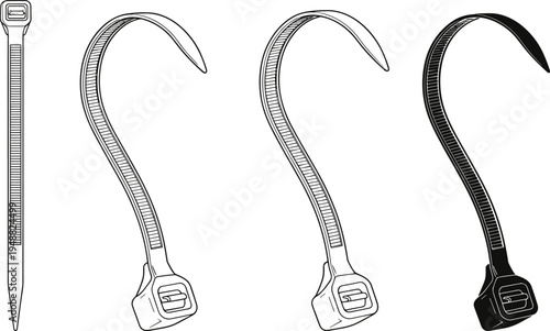 Technical vector illustration set of plastic cable ties including straight and curved versions in line art and black silhouette styles
