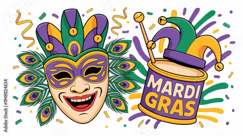 Vibrant mardi gras mask and jester hat with colorful feathers and confetti on white background celebrating festive carnival atmosphere