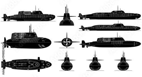 Guided Missile Submarine SSGN Multi-Angle Vector Silhouette
