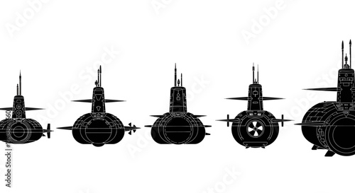 Submarine Fleet Front View Size Comparison Vector Silhouette