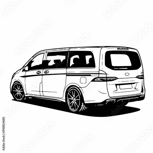 Clean black and white illustration of a minivan from rear angle, perfect for family transport and lifestyle themed designs.