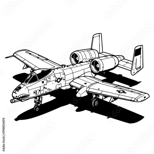 Dynamic black and white illustration of an A-10 Thunderbolt military attack jet, ideal for aviation and defense themed designs.