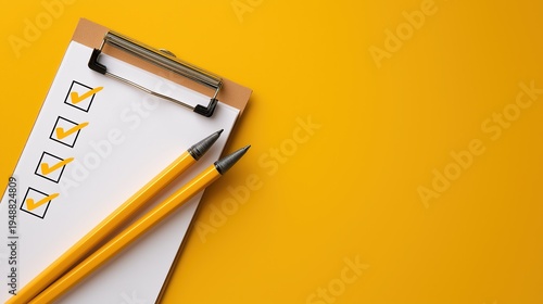Close up of a clipboard with yellow check marks and two pencils on a vibrant yellow background, symbolizing extreme productivity, dual tasks, and successful project management.