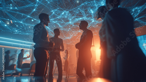 young professionals interacting in futuristic lounge with holographic displays floating above, ambient neon blue and warm orange light.