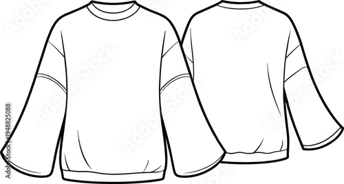 Women bell sleeve sweatshirt technical fashion drawing, casual loose pullover template front and back – cad drawing flat vector illustration
