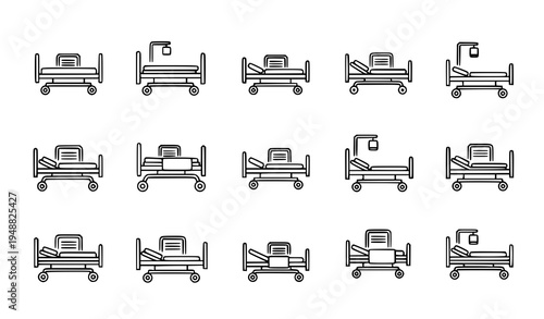 Linear hospital bed icons pack with editable strokes for web, print, and editorial design