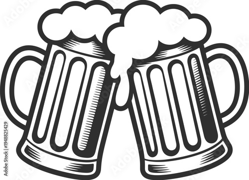 Two black and white vector beer mugs clinking together in a toast with frothy foam overflowing on white background.
